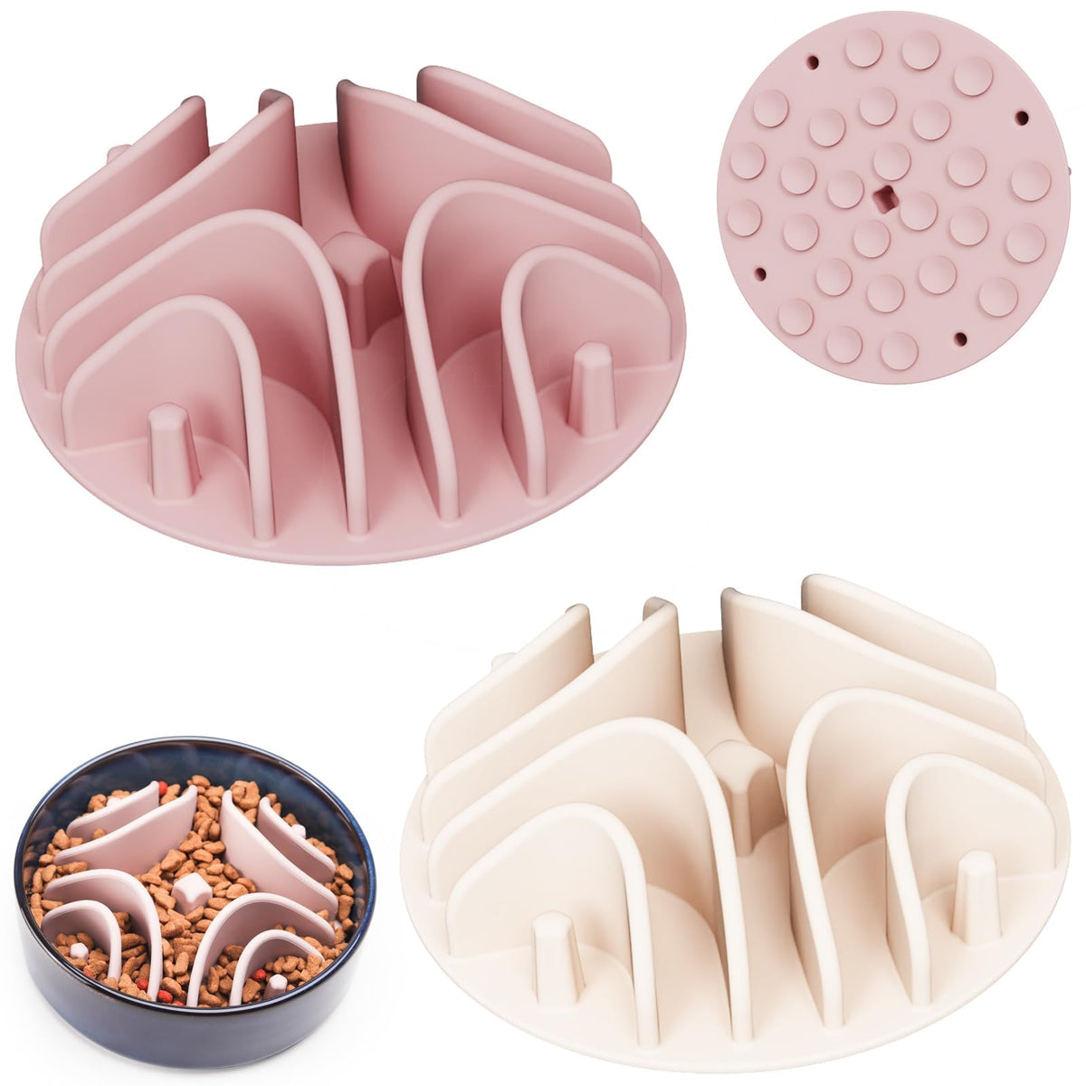 Nopisen 2 Pcs Slow Feeder Pet Bowls Insert，Soft Silicone Anti-Choking Slow Feeder Dog Bowl Insert with Strong Suction Cups Slow Feeder for Most Dogs Bowl or Dogs Dish (White+Pink)